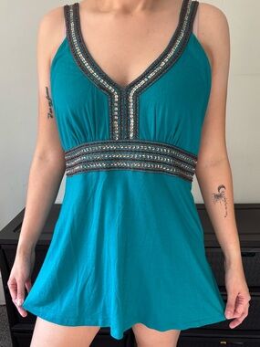 Y2K Mermaidcore Turquoise Beaded Fairy Sequin Tank Top - Size Medium - Large